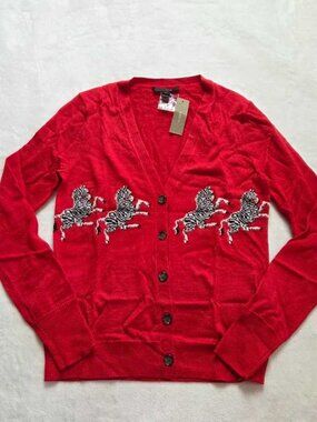 New XXS J.Crew zebra print lightweight Merino wool cardigan sweater in red